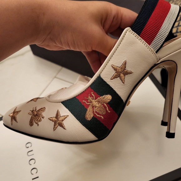 SOLD Gucci Sylvie Leather Bee & Star Embroidered Slingback Web Pumps BNIB